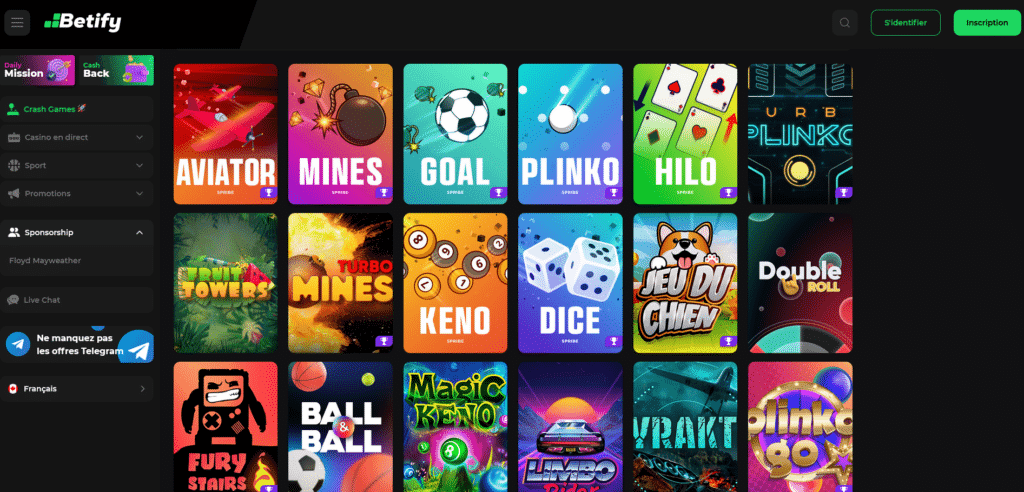 Betify jeux : grille des mini-jeux du casino avec Aviator, Mines, Goal, Plinko et Hilo