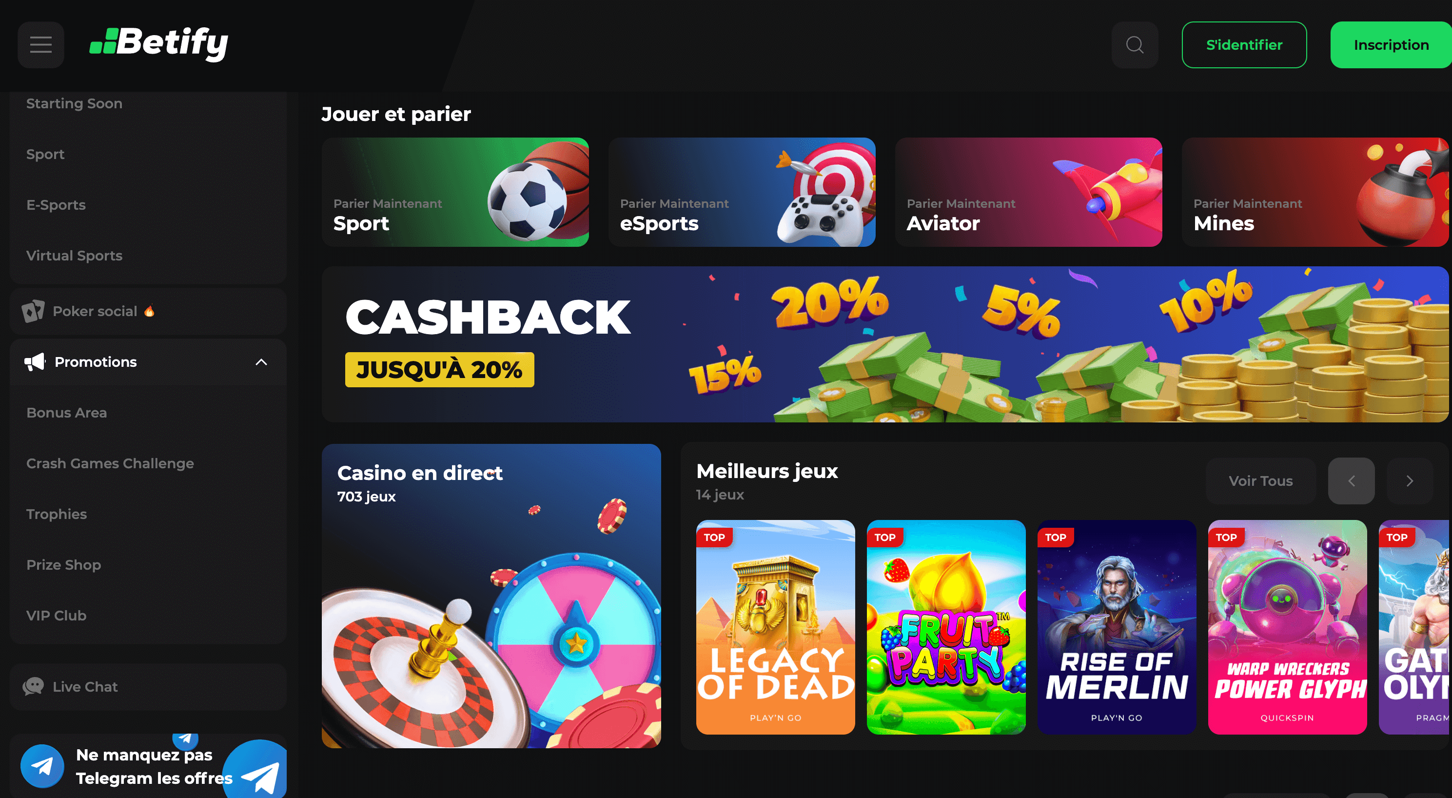 Accueil du casino Betify : accès au sport, à Aviator, à Mines, au casino en direct et aux meilleurs jeux
