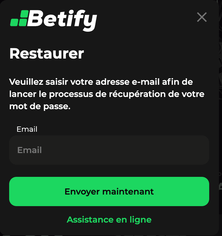 Betify connexion : formulaire de récupération du mot de passe par e-mail