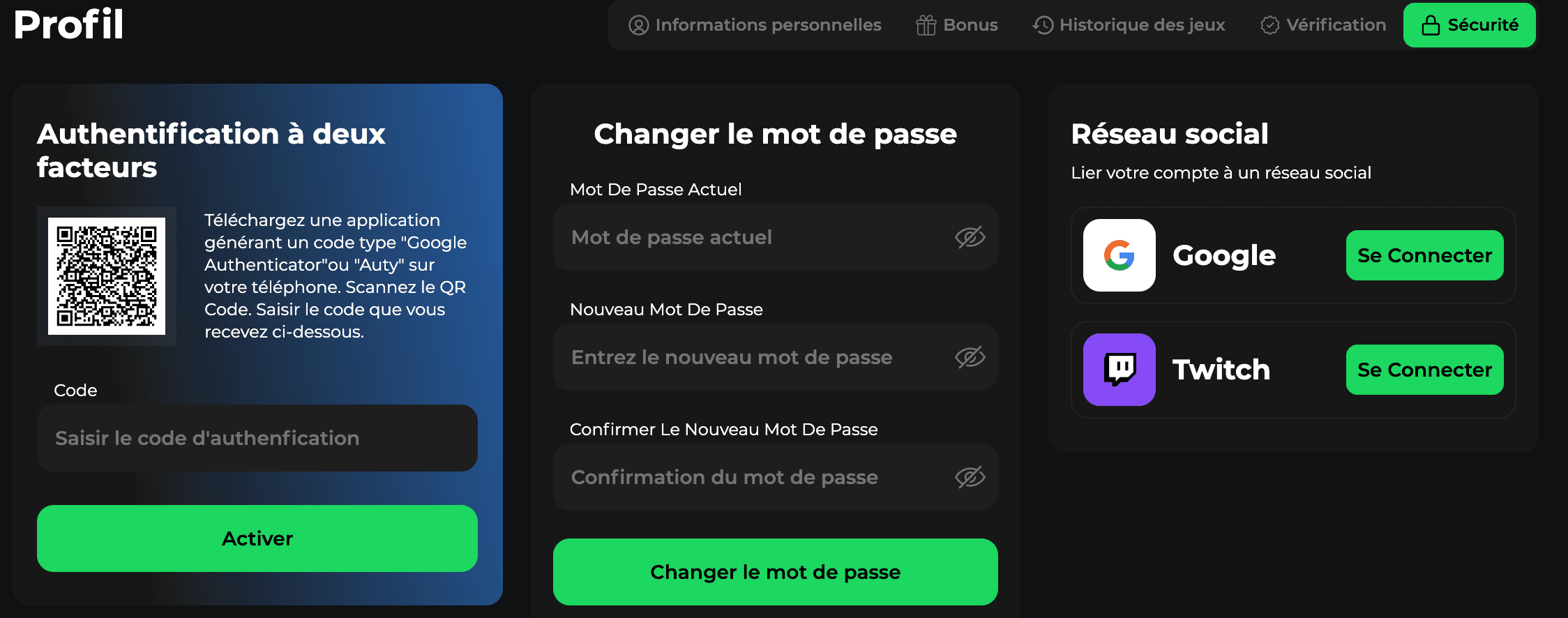 Betify sécurité : réglages du compte avec double authentification et changement de mot de passe